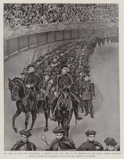 Die Jungen Freiwilligen des Königs von Spanien, eine Parade in der Stierkampfarena von San Sebastian des neu gegründeten Bataillons von Robert Barnes